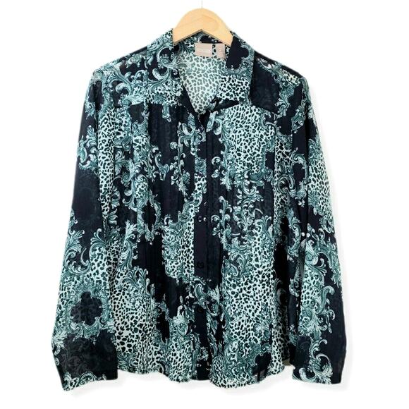 Chico's Tops - Women Chicos Button Blouse Top 2 L Semi Sheer Black Teal Green Paisley Career
